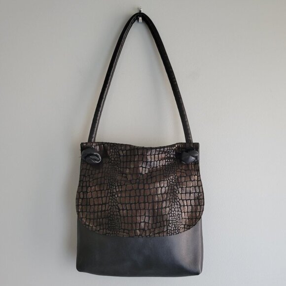 Liza Ganz Handbags - Liza Ganz Black Embossed Leather Fold Over Shoulder Bag